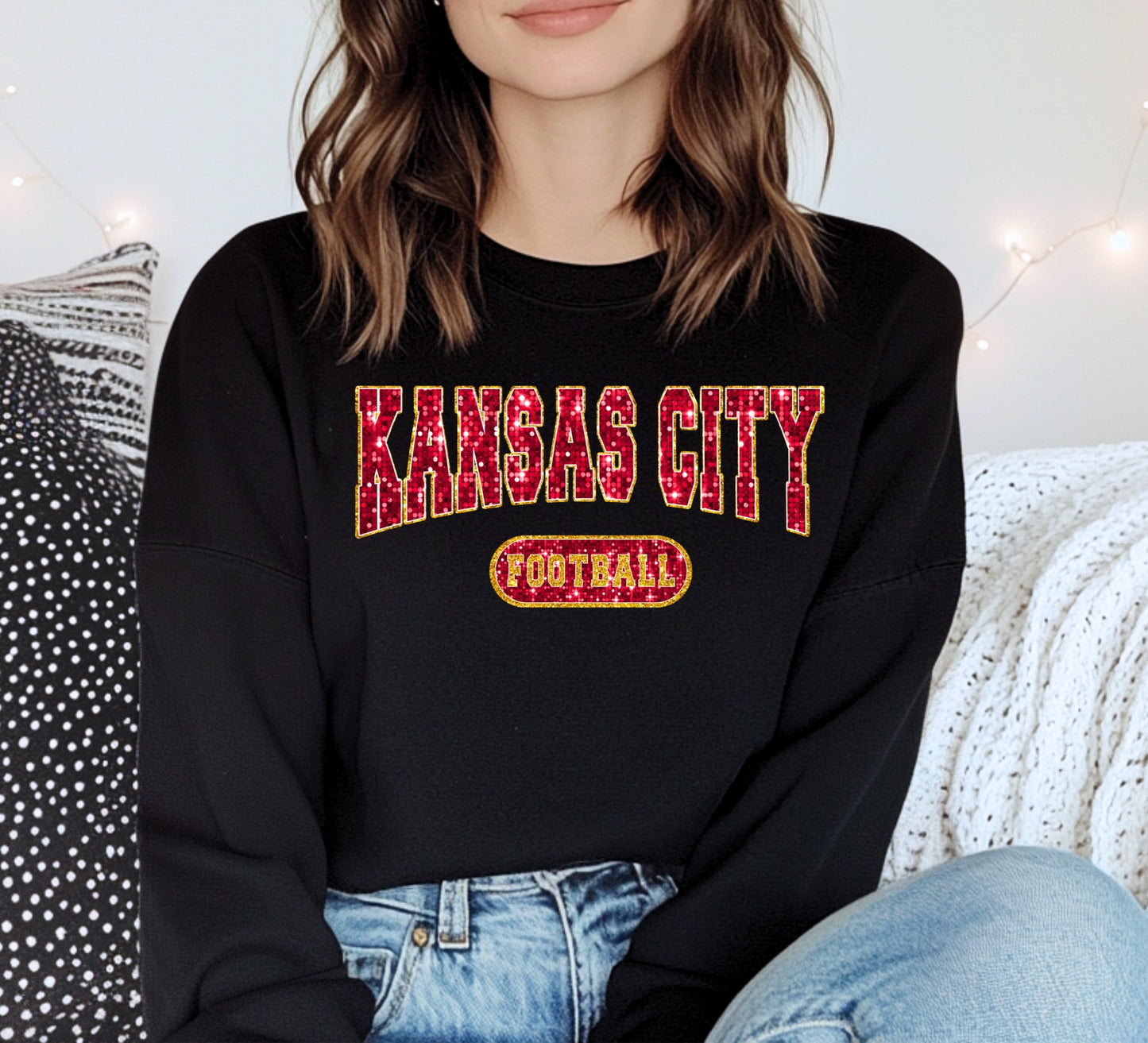 Kansas City Football Faux Glitter Long Sleeve Tee