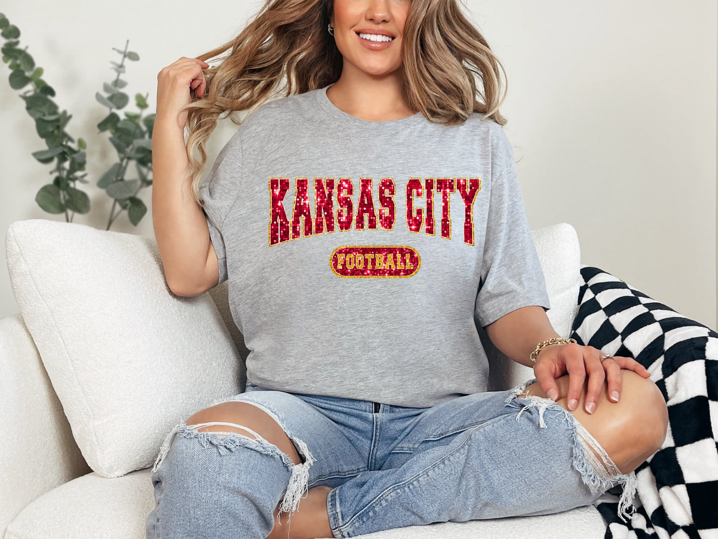 Kansas City Football Faux Glitter Tshirt