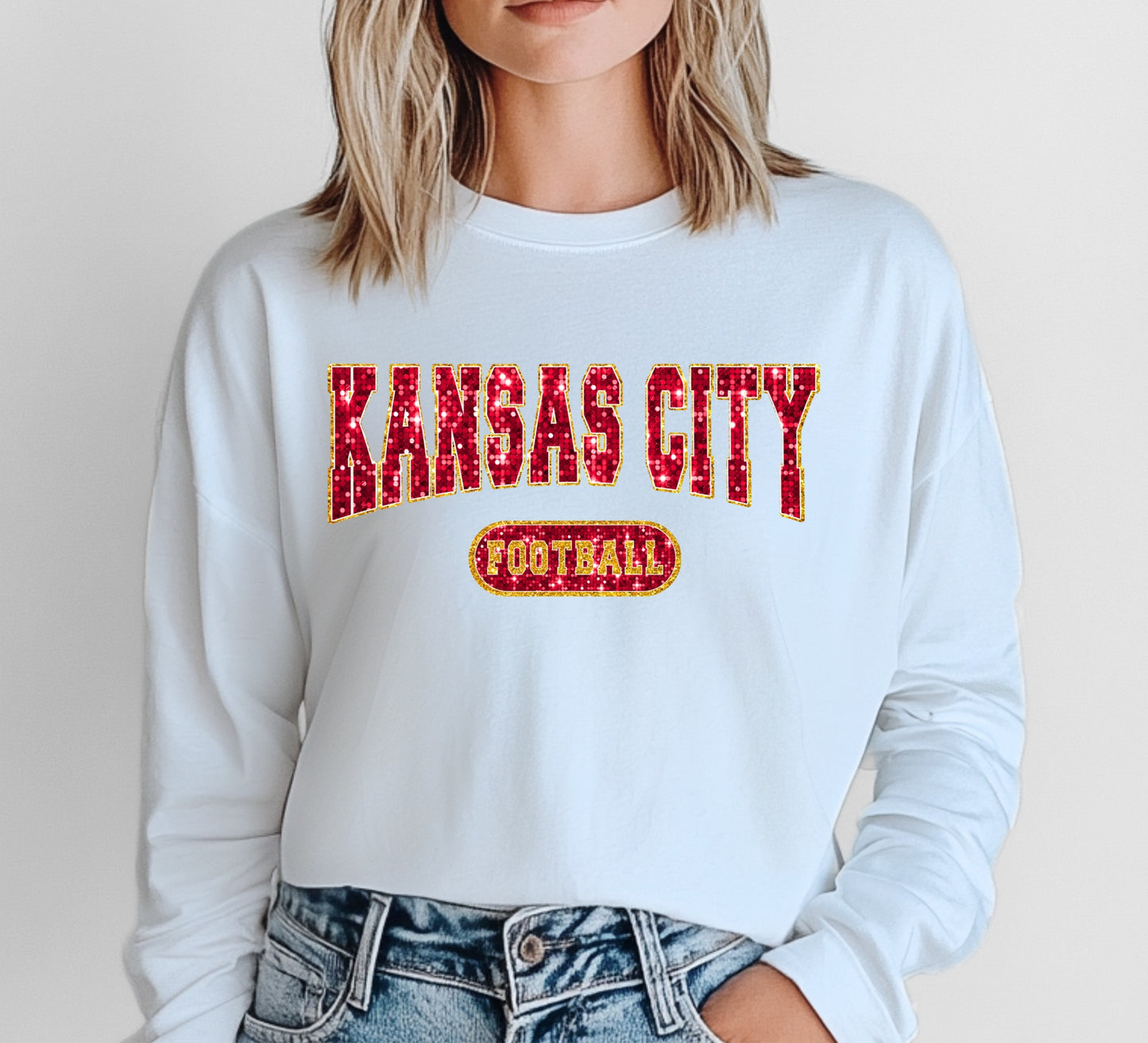 Kansas City Football Faux Glitter Long Sleeve Tee