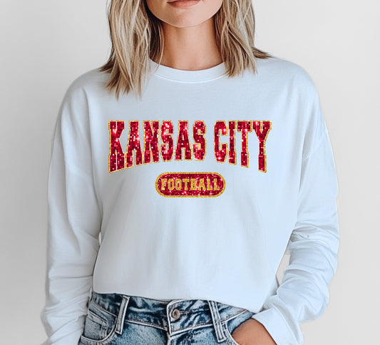 Kansas City Football Faux Glitter Long Sleeve Tee