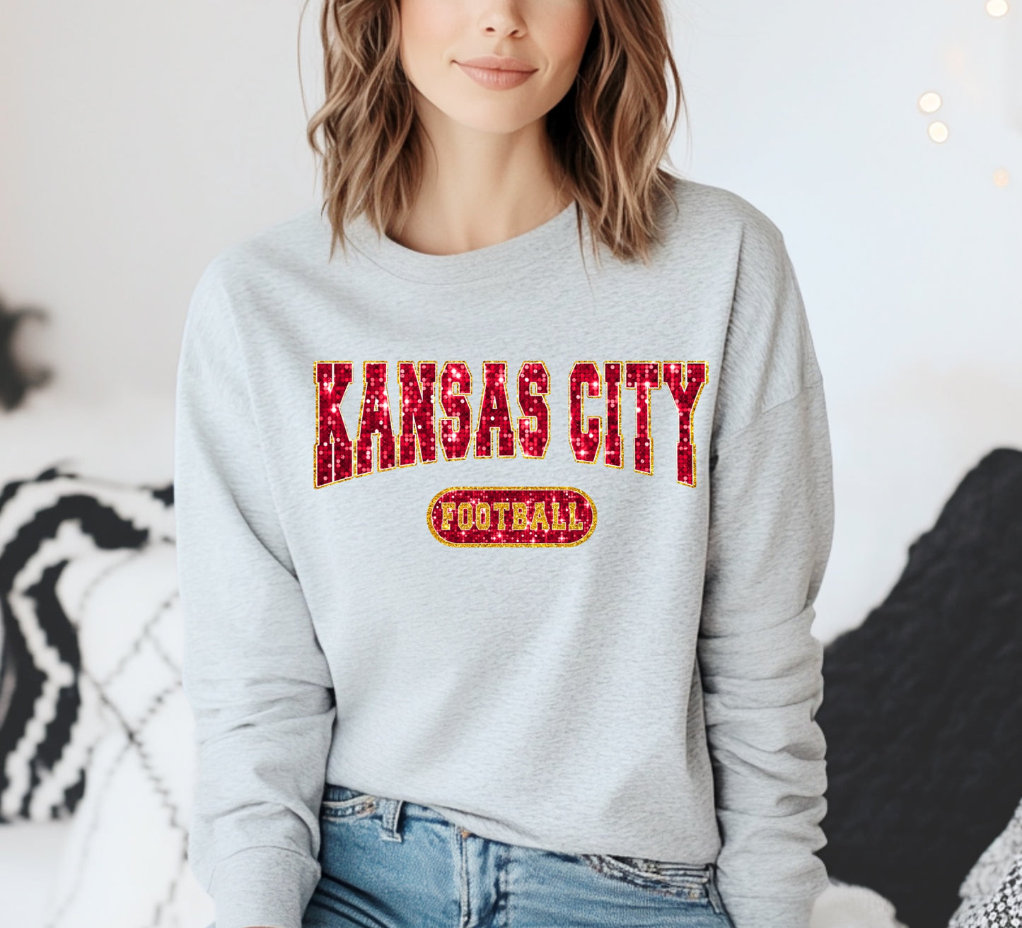 Kansas City Football Faux Glitter Long Sleeve Tee