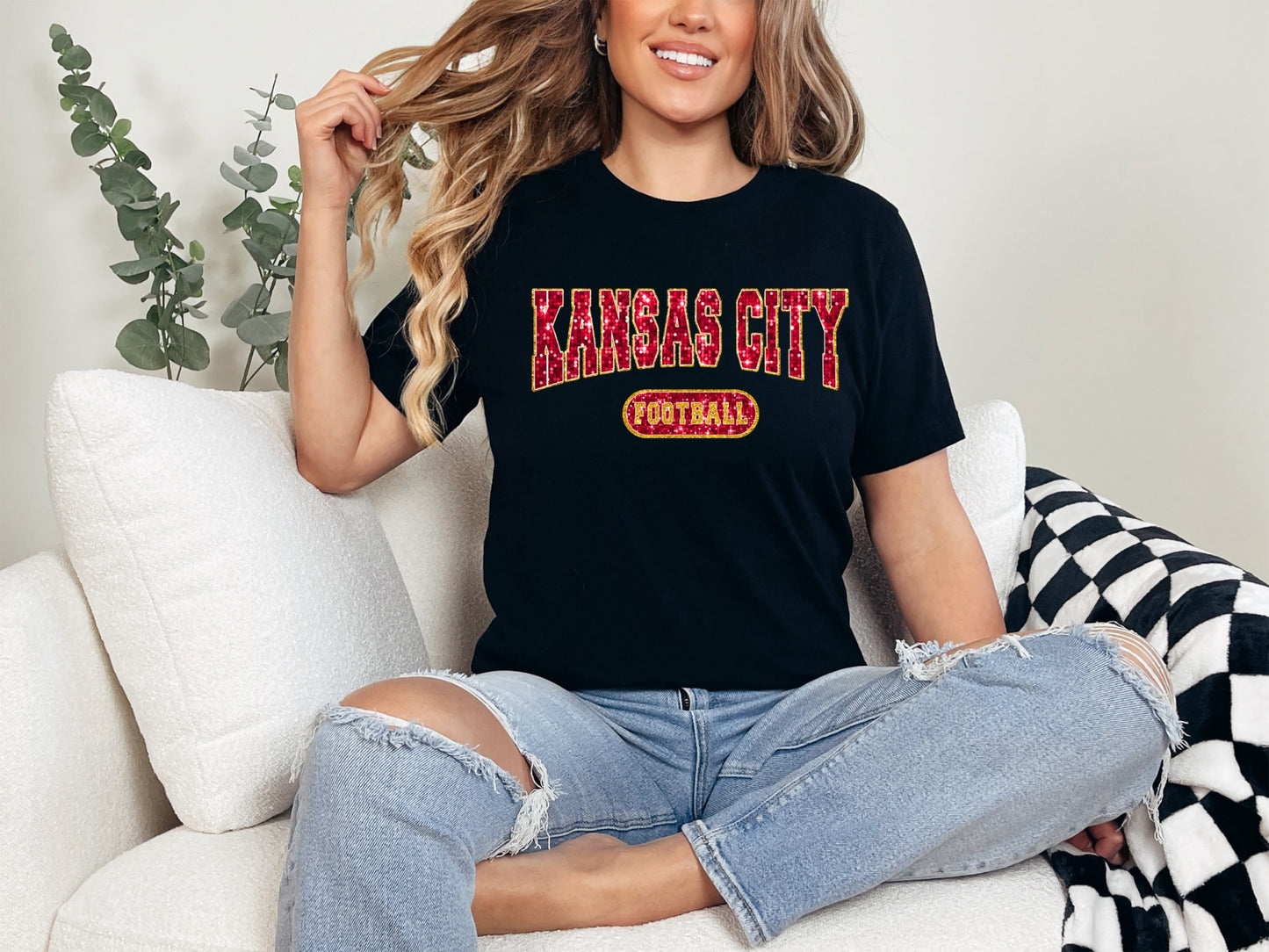 Kansas City Football Faux Glitter Tshirt