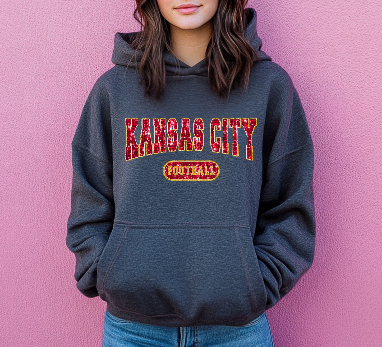 Kansas City Football Faux Glitter Hoodie