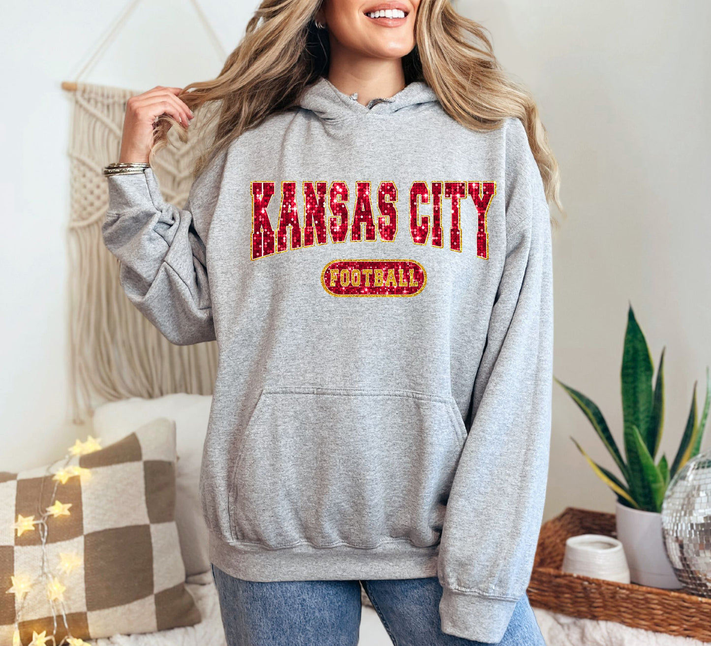 Kansas City Football Faux Glitter Hoodie