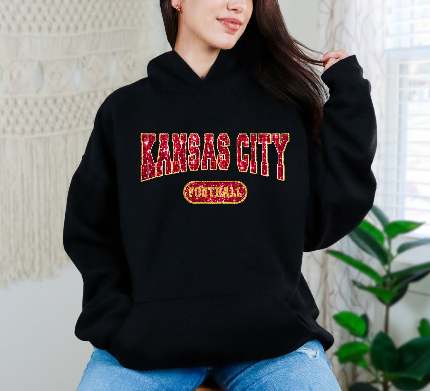 Kansas City Football Faux Glitter Hoodie