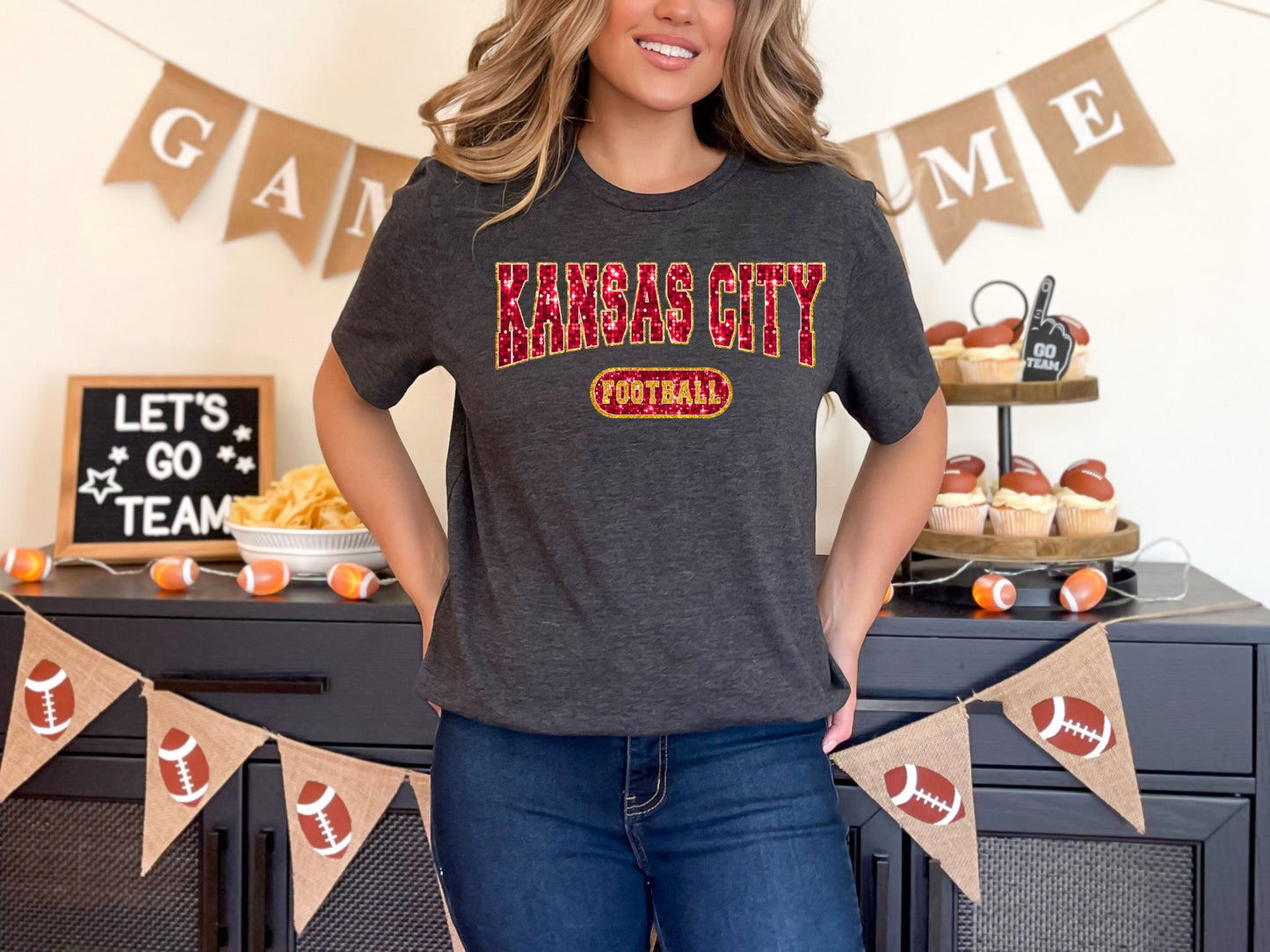 Kansas City Football Faux Glitter Tshirt